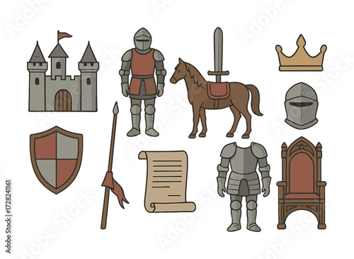 Medieval elements collection: knights, castle, armor, and royal symbols