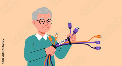 An elderly man with glasses holding a tangled bundle of various electronic cables, some labeled, against a light orange backgr