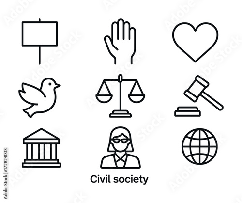Icons representing justice, peace, love, and civil society