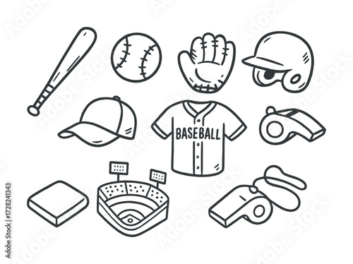 Baseball equipment icons featuring bat, glove, helmet, and stadium outline