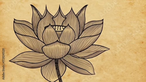 Detailed line art lotus flower on aged paper