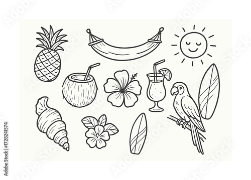 Tropical paradise doodles: pineapple, hammock, parrot, cocktails, and surfboards