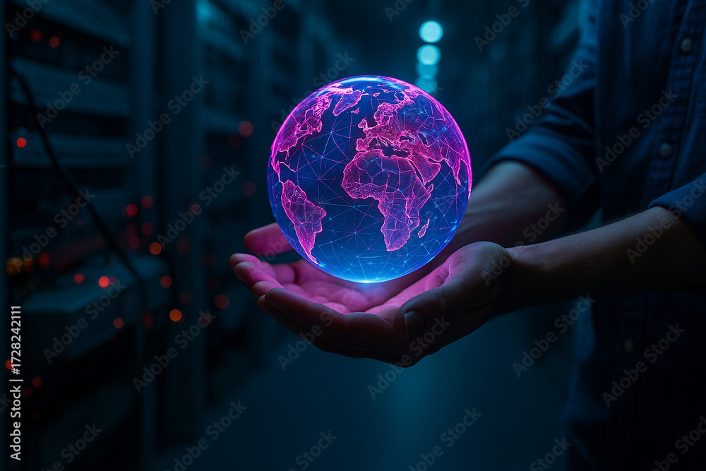 Fototapeta premium AI generated ultra realistic image of hands holding glowing holographic earth in pink and blue light symbolizing digital world global network and futuristic innovation