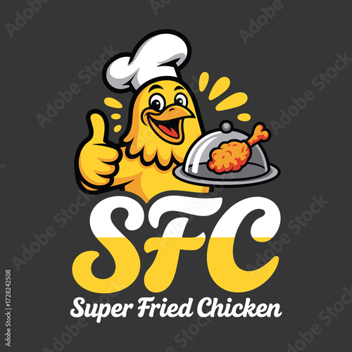 Fried Chicken Mascot Logo Cartoon Chef Chicken with SFC Text for Fast Food Branding