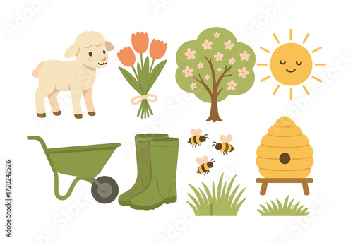 Charming farm scene with lamb, tulips, tree, sun, bees, and beehive