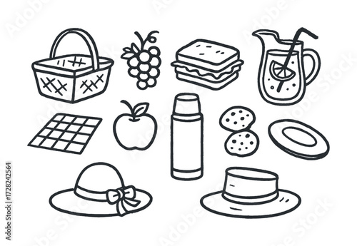 Picnic essentials: basket, snacks, fruits, and hats - black and white doodle art