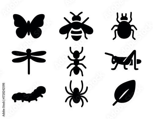 Set of insect silhouettes: butterfly, bee, beetle, dragonfly, ant, grasshopper, caterpillar, spider, leaf