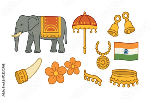 Indian cultural symbols: elephant, jewelry, flowers, flag, umbrella, bells