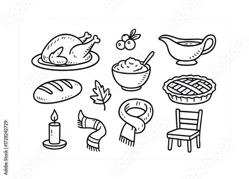 Hand-drawn thanksgiving elements including turkey, pie, and autumn decorations