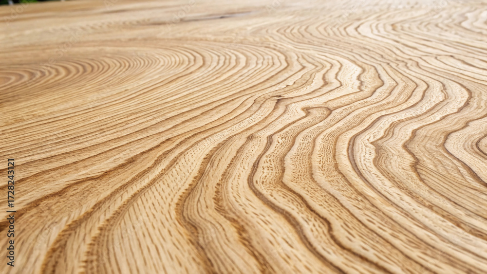 Naklejka premium Detailed wood surface with prominent grain lines creating organic curves and swirls in pale golden hardwood material.