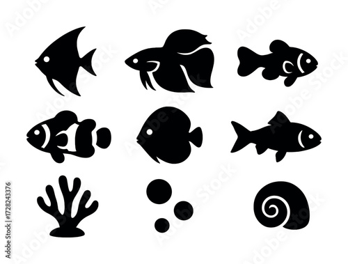 Silhouette icons of various fish species and marine symbols