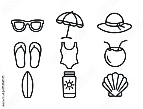 Icon set of summer essentials: sunglasses, umbrella, hat, flip-flops, swimsuit, coconut, surfboard, sunscreen, shell