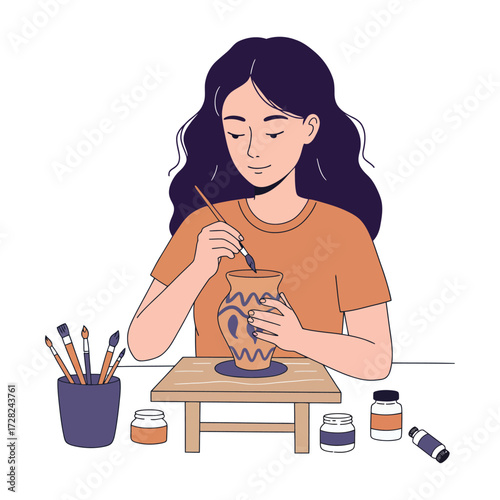 Vector art of young woman with dark wavy hair concentrating while painting a vase at a pottery wheel