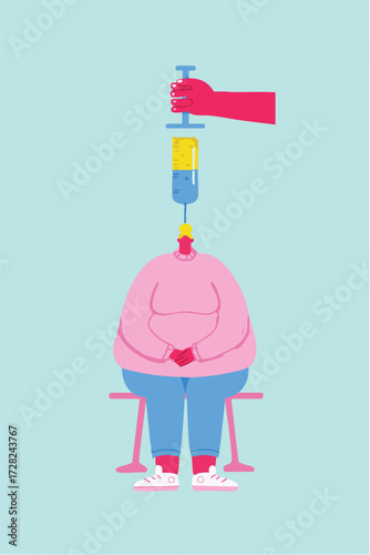 Bold illustration of a person with a weight loss syringe medication.