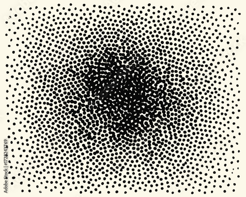 無数の小さな黒い点が緻密に配置され、中央に向かって密度が増すことで生まれる、視覚的な集中と拡散を表現した抽象的なベクターパターンは、現代アートやデジタルデザインの背景素材として、見る者に深い印象を与えます。