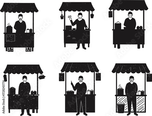Marketplace vendor silhouette, market stall illustration, coffee stand, balloon seller, street shop, black and white, canopy, counter, goods, service