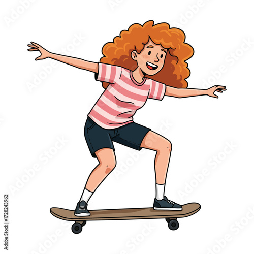 Vector art of energetic young woman with curly red hair, wearing a striped tshirt and shorts, skateboarding with arms outstretched and a joyful expression