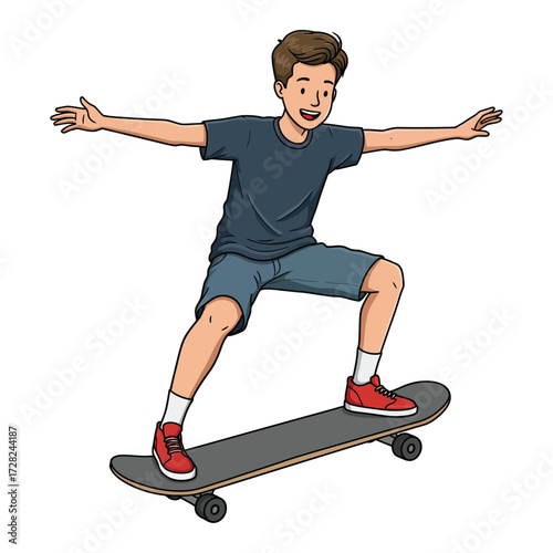 Vector art of excited young boy with brown hair, wearing a dark tshirt and shorts, skateboarding with arms outstretched and a wide smile