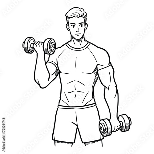 Vector art of man with muscular physique lifting dumbbells