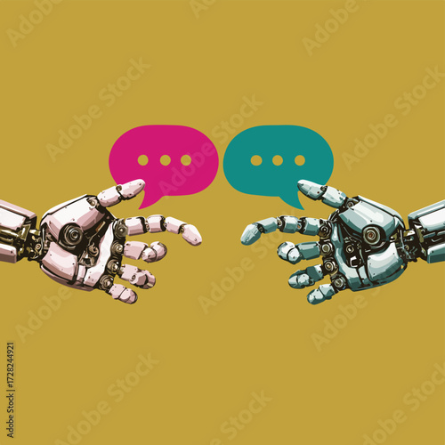 互いに向き合うロボットの手が、鮮やかな吹き出しを介して人工知能間の活発な対話と情報交換を表現し、未来のテクノロジーが織りなすコミュニケーションの進化を象徴するベクターアート。