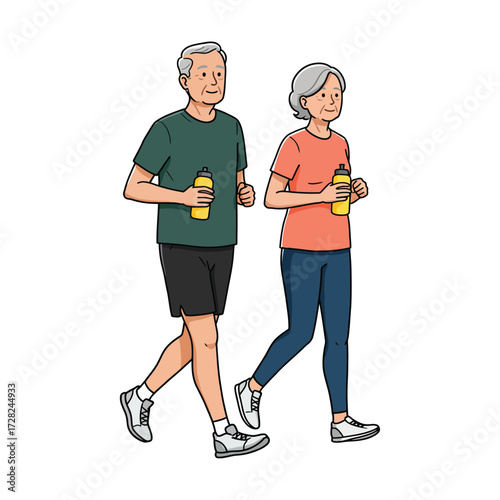 Vector art of senior couple running with water bottles