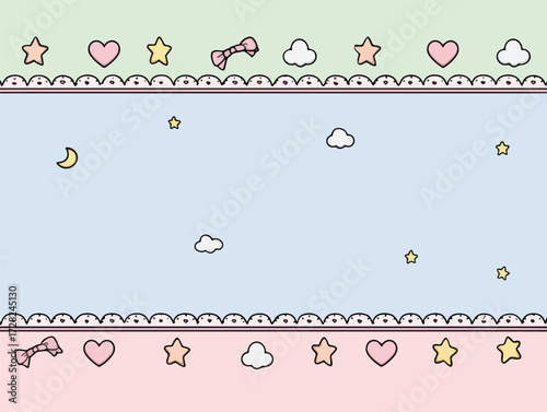 甘く優しいパステル調の色合いで描かれた、ハートや星、雲、リボンが散りばめられた可愛らしいベクター背景は、子供向けのコンテンツやウェブサイトの装飾に理想的な素材です。