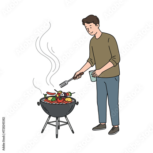 Vector art of man grilling vegetables and meat on a barbecue grill outdoors, enjoying a summer cookout