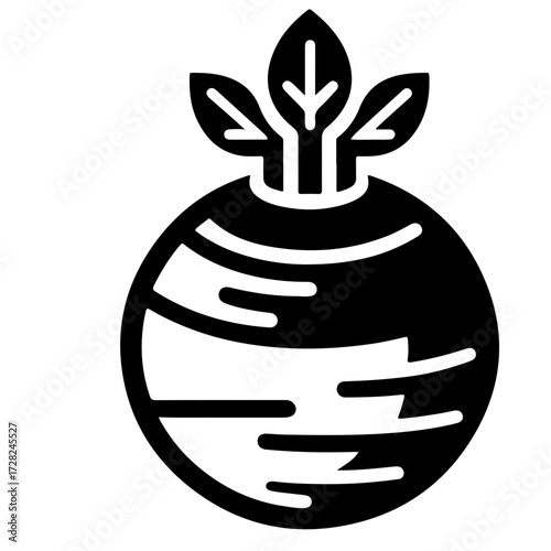 Illustration of a turnip with three leaves sprouting from the top in a solid black silhouette style