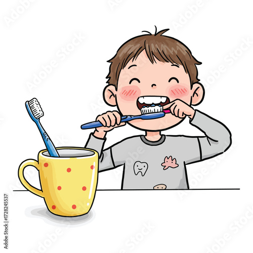 Vector art of young boy happily brushing his teeth with a toothbrush and toothpaste, maintaining oral hygiene