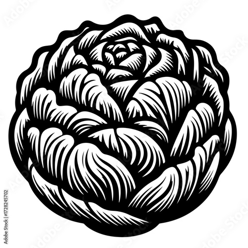Illustration of a stylized artichoke with detailed leaves in a circular arrangement on a white background