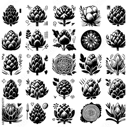 Collection of twenty five stylized artichoke illustrations in black and white vector format design