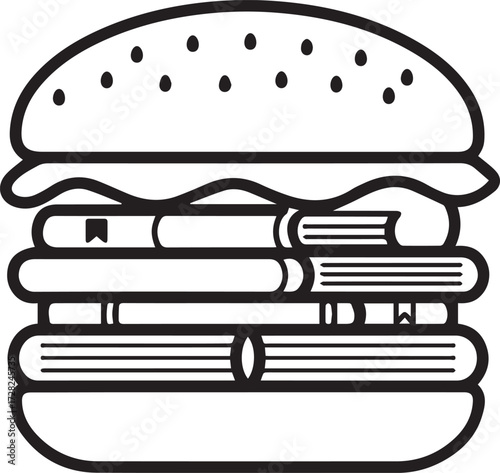 Whimsical burger made of books, creative learning and knowledge concept, fun food for thought, education symbol, black and white line art