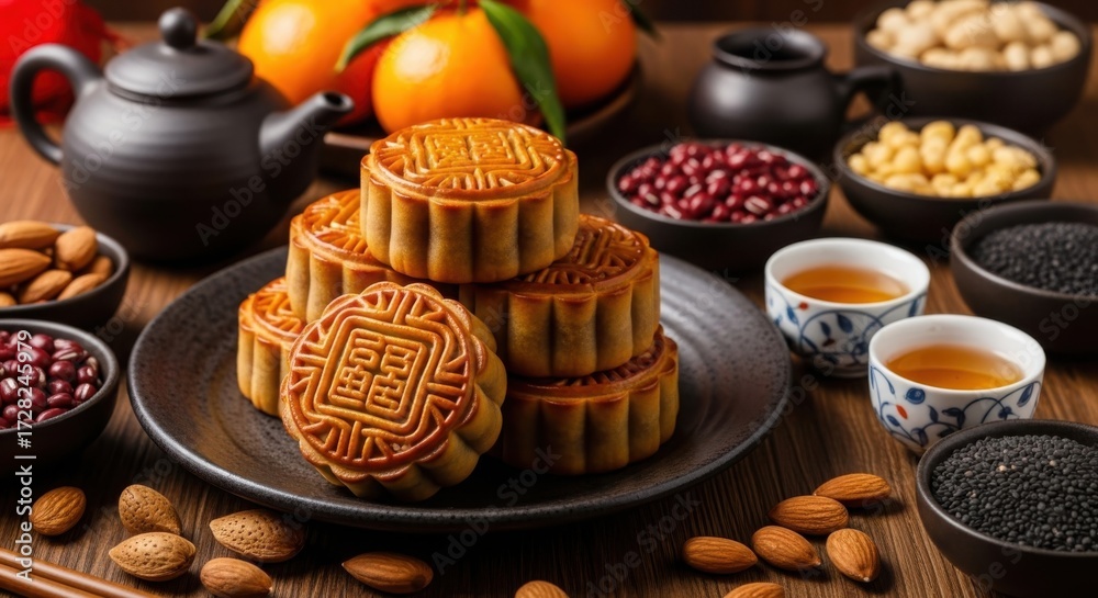 Naklejka premium Indulge in a traditional Mid Autumn Festival feast with delicate mooncakes, rich tea, and assorted nuts