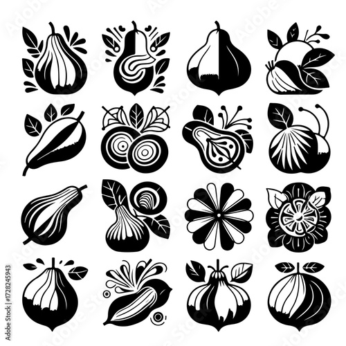 Collection of sixteen black and white stylized pear fruit designs in a square grid arrangement pattern