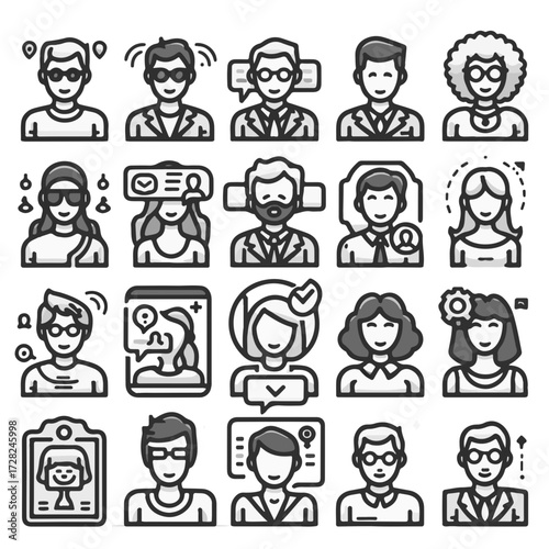 Collection of twenty monochrome avatar icons depicting various people with different accessories and styles