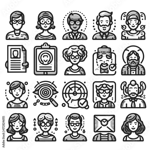 Collection of diverse outlined avatar icons representing various professions and personal identities