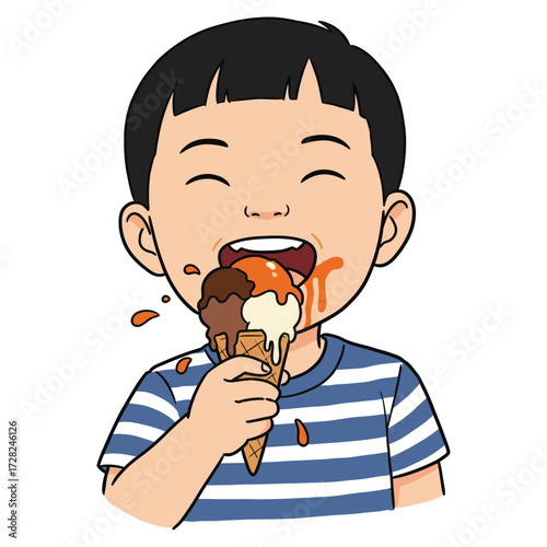 Vector art of young boy with black hair enjoying a melting ice cream cone with two flavors