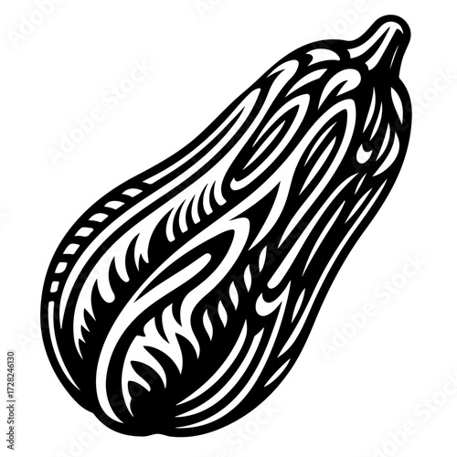 Illustration of a black and white zucchini with decorative tribal style pattern and simple stem design