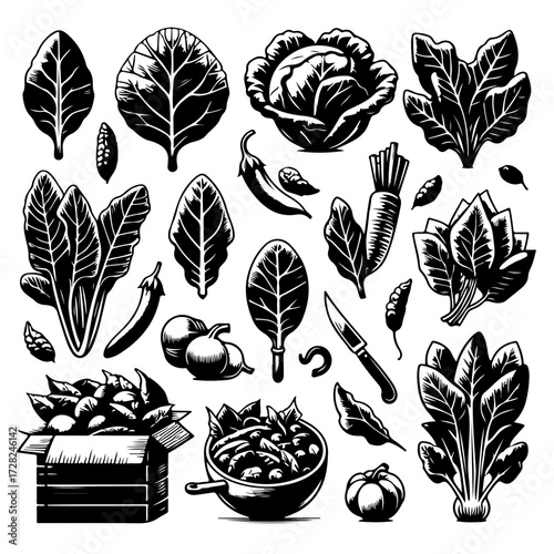 Monochrome illustration showcasing an assortment of fresh vegetables and culinary tools in detailed line work