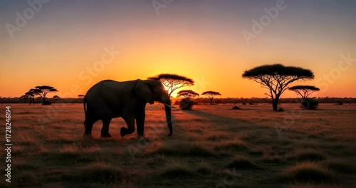 Elephant Silhouette Walking Across African Savannah at Sunset Golden Hour Scenery