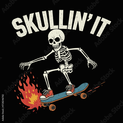 "Skullin' It" Skeleton Skater with Flaming Skateboard