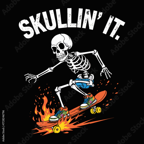 "Skullin' It" Skeleton Skater with Flaming Skateboard