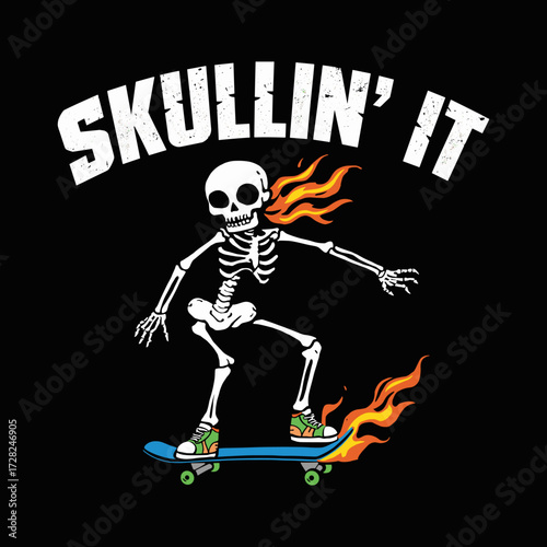 "Skullin' It" Skeleton Skater with Flaming Skateboard