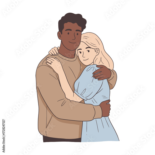 A loving interracial couple, a Black man and a blonde woman, embrace tenderly in a warm, affectionate hug.