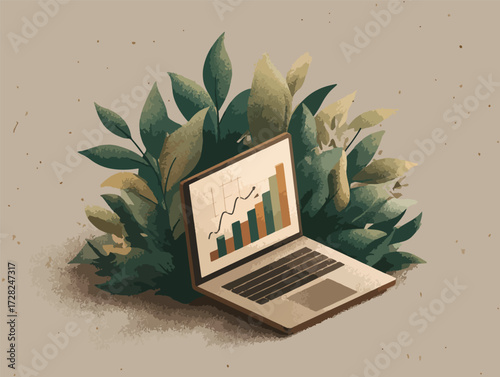 環境に配慮したビジネス成長を示すノートパソコンの画面に表示されたグラフと、それを囲む緑豊かな葉が、持続可能な発展の重要性を象徴的に表現しています。