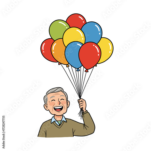 A happy elderly man with gray hair holding a large bunch of colorful balloons.