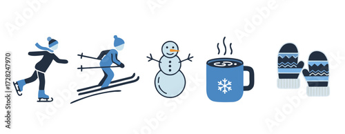 Winter Fun Skating, Skiing, Cocoa, Snowman, and Cozy Mittens Icons