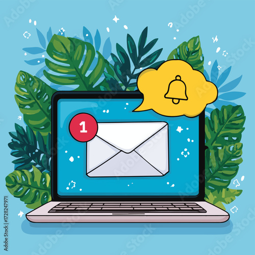 新着メールの通知がラップトップ画面に表示され、熱帯の葉が背景を彩る、現代のデジタルコミュニケーションを象徴するイラストレーション。