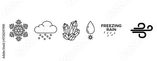 Collection of weather icons representing snow, hail, crystals, freezing rain, and wind