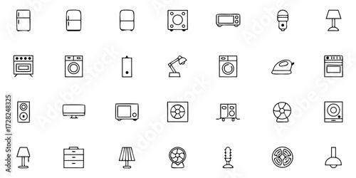 Flat household appliance icons set with fridge, oven, washing machine, and other home electronics for apps and design.
